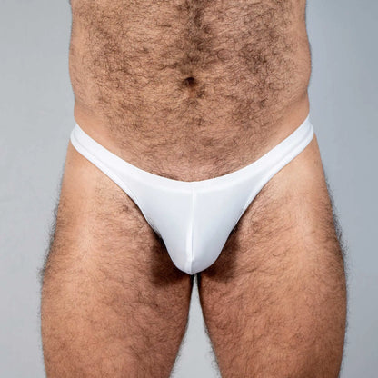 White thong briefs with smooth form-fitting design from tulio swim thong solids collection shown from the back side