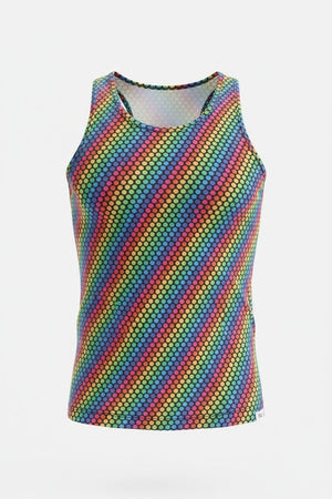 A sleeveless tank top featuring a diagonal rainbow dot pattern on a dark background.