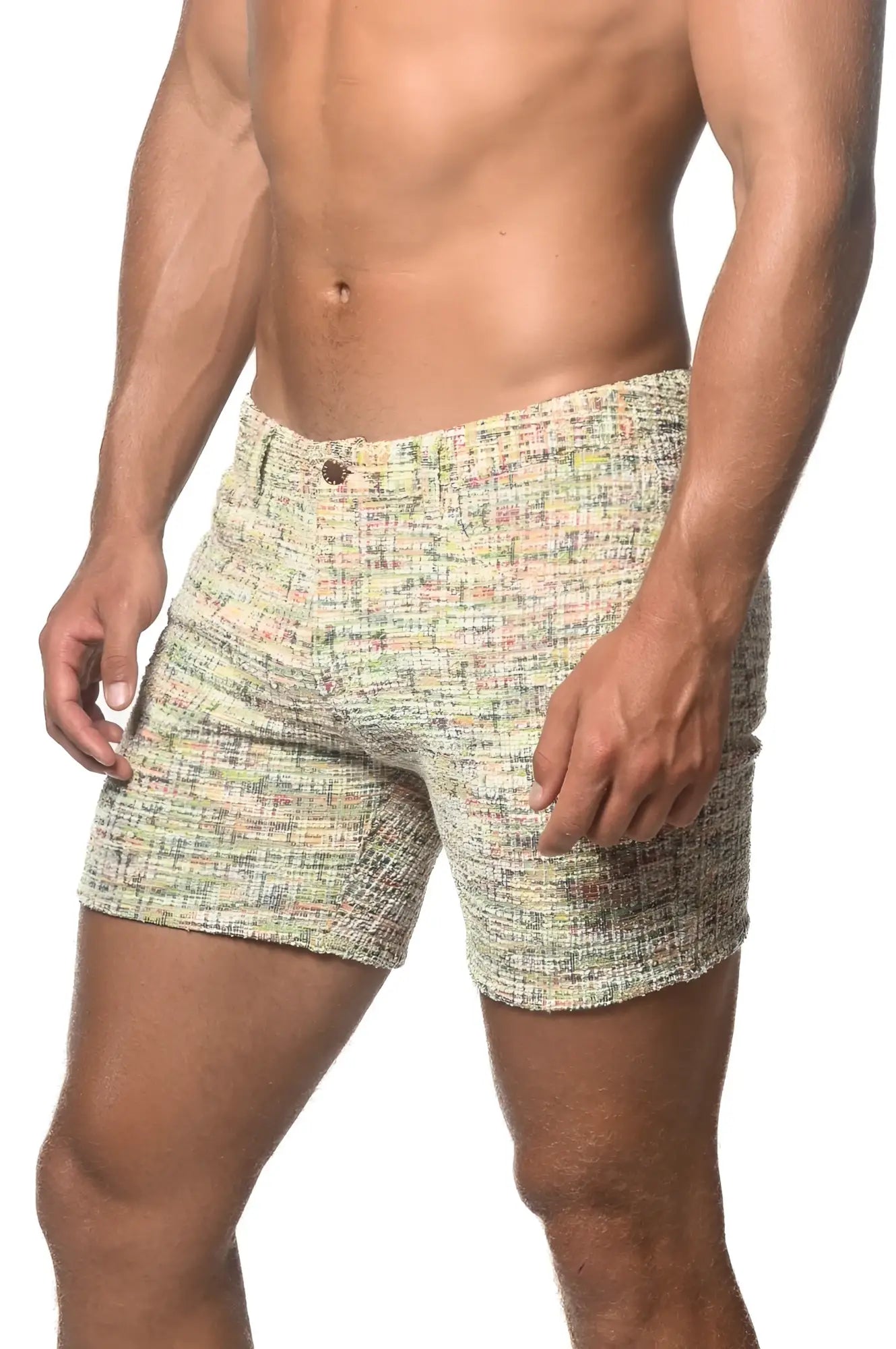 Beige and multicolored tweed-look jacquard stretch knit jeans shorts with textured woven pattern limited edition