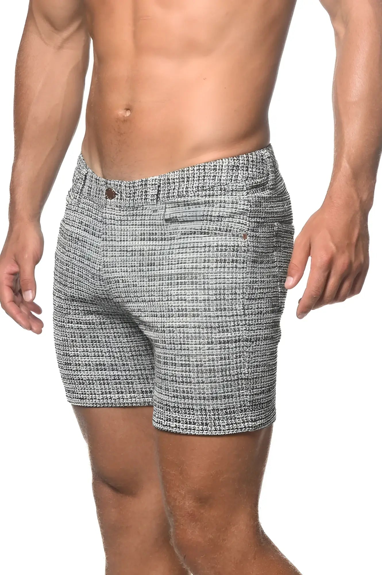 Gray and white herringbone tweed-look jacquard stretch knit shorts with button closure limited-edition