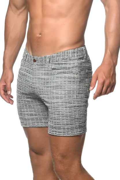 Gray and white herringbone tweed-look jacquard stretch knit shorts with button closure limited-edition