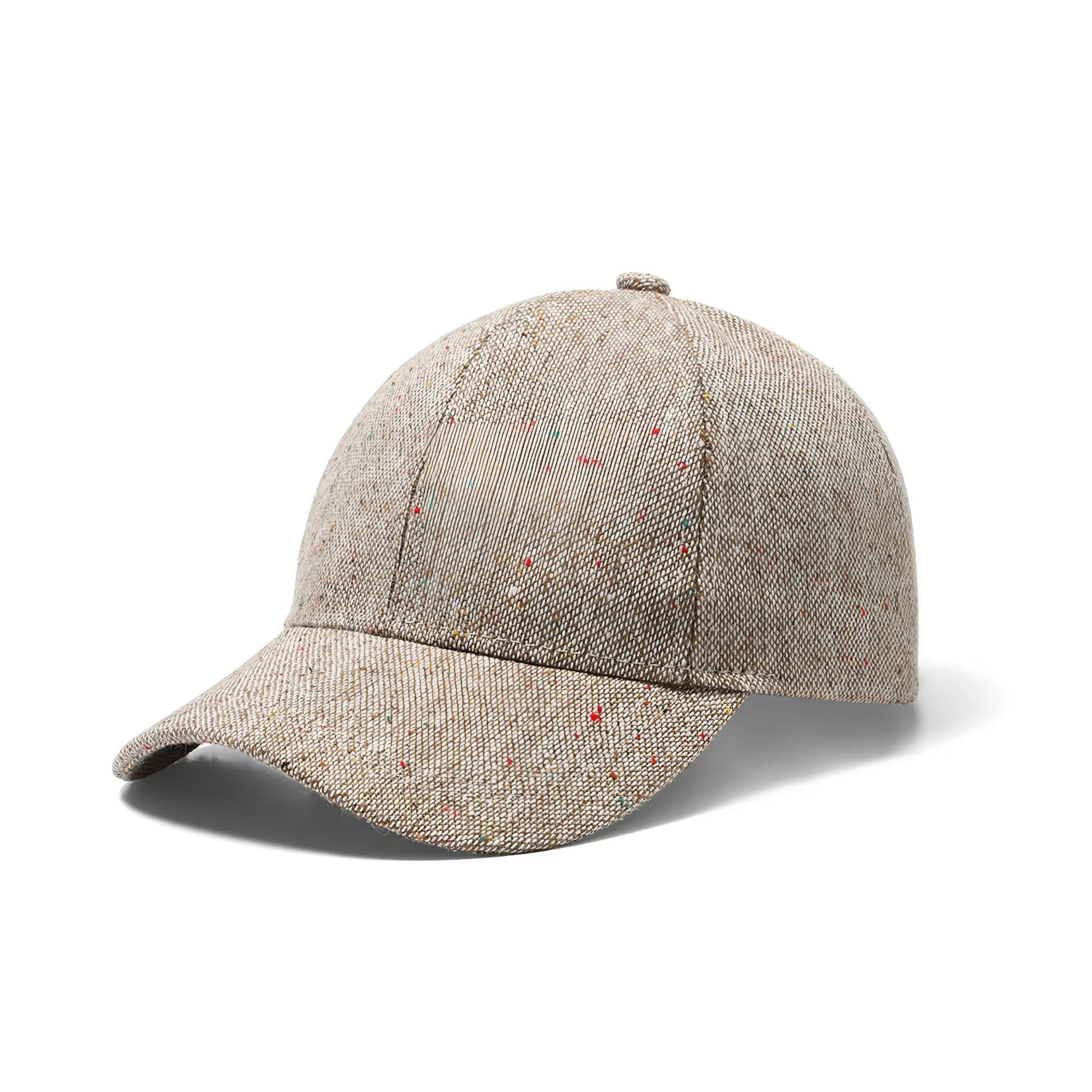 Beige tweed speckled baseball cap with subtle red and green speckles for stylish casual wear