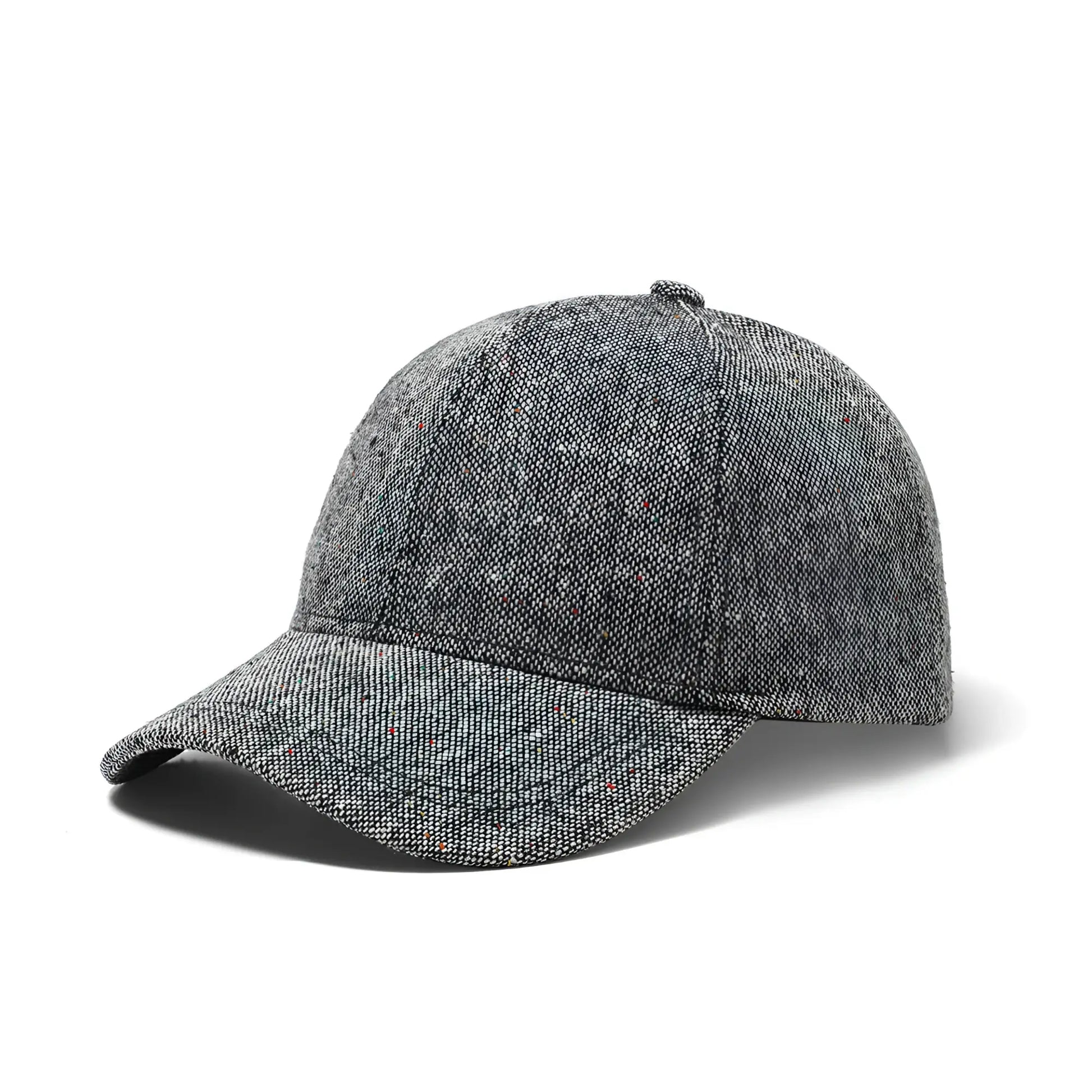 Gray tweed speckled baseball cap with structured crown herringbone pattern and curved brim for casual wear
