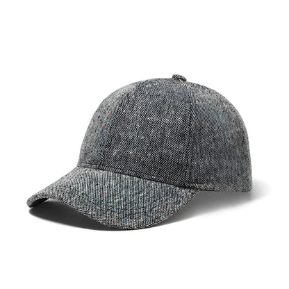 Gray tweed speckled baseball cap with structured crown herringbone pattern and curved brim for casual wear