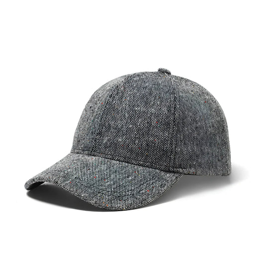 Gray tweed speckled baseball cap with structured crown herringbone pattern and curved brim for casual wear