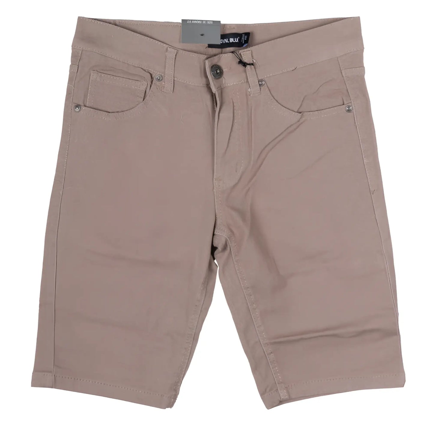 Beige twill stretch skinny shorts with classic five-pocket design and silver-toned hardware in denim material