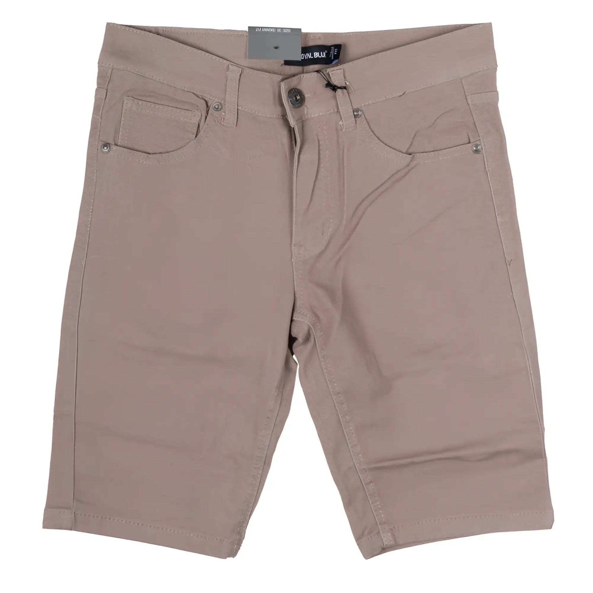 Beige twill stretch skinny shorts with classic five-pocket design and silver-toned hardware in denim material