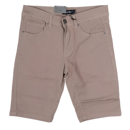 Beige twill stretch skinny shorts with classic five-pocket design and silver-toned hardware in denim material