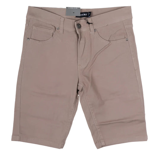 Beige twill stretch skinny shorts with classic five-pocket design and silver-toned hardware in denim material