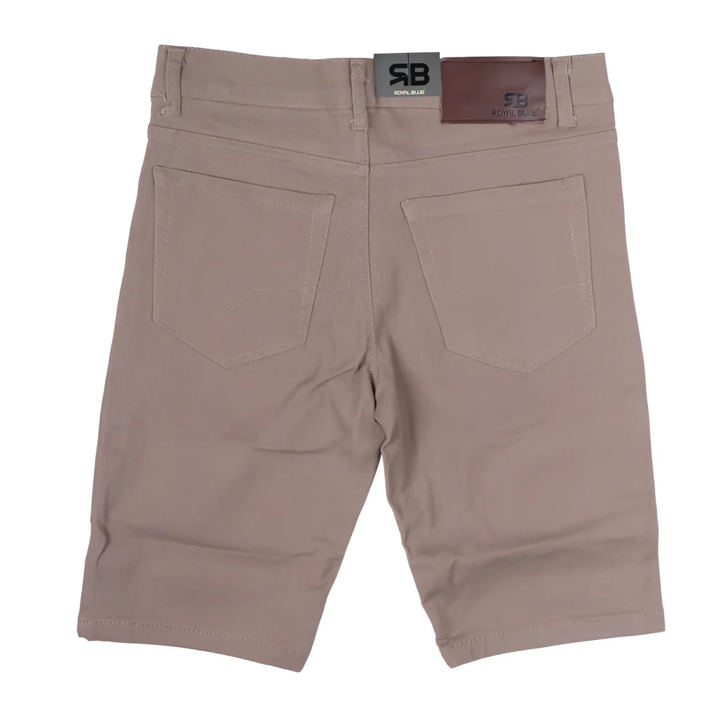 Beige twill stretch skinny shorts with subtle texture and two back pockets featuring branded waistband labels
