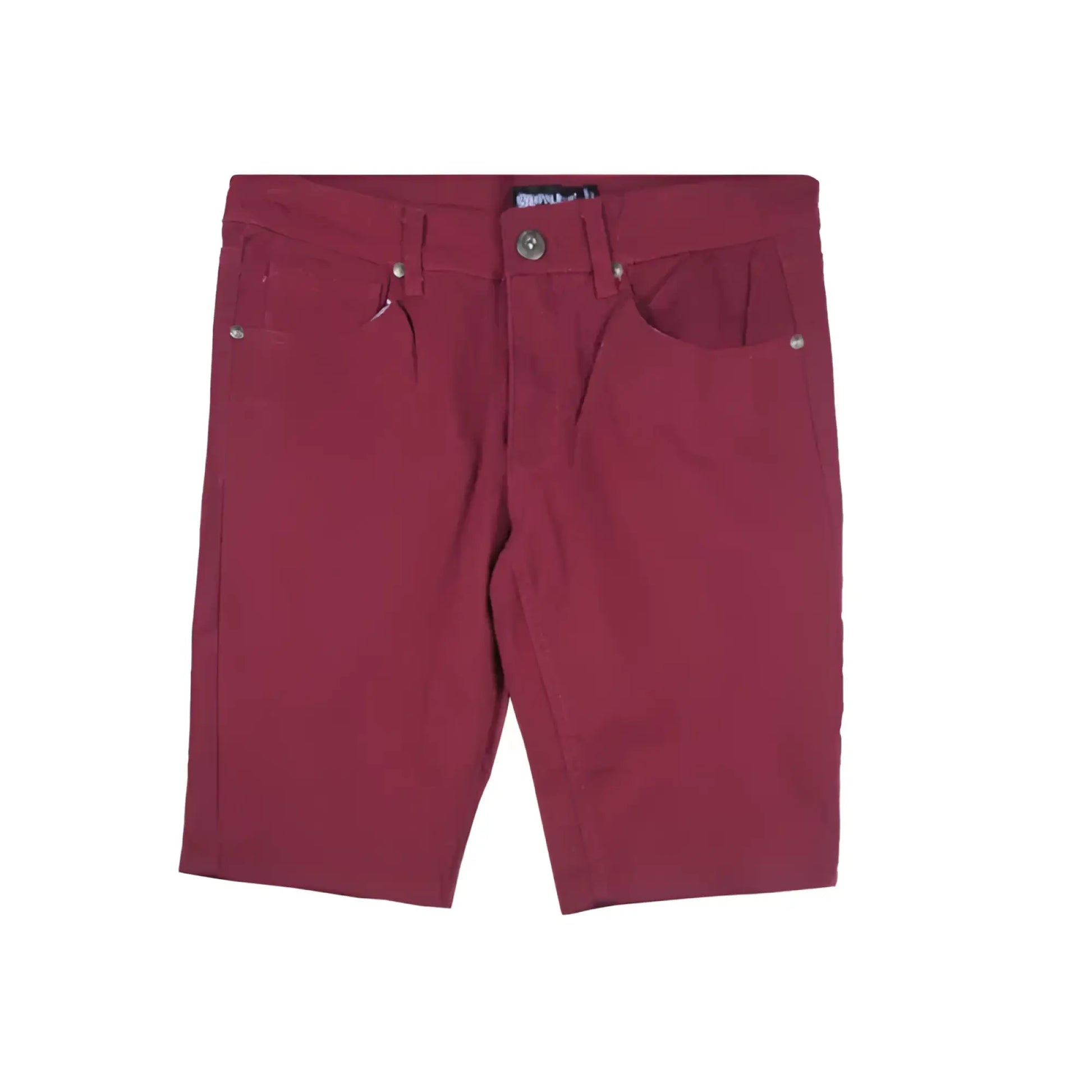 Maroon twill stretch skinny shorts made of durable fabric with silver-toned buttons and classic stitching details