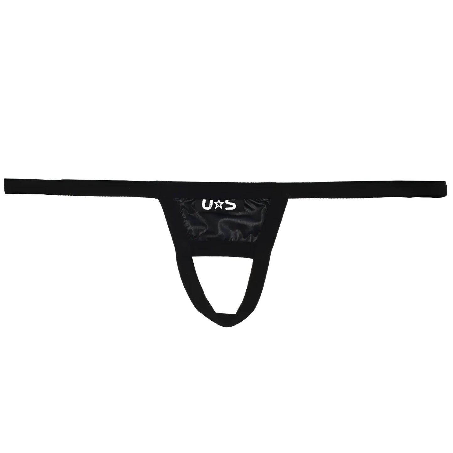 Black u station ball holder u0011-001 glossy stretchy fabric thong with central pouch design