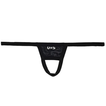 Black u station ball holder u0011-001 glossy stretchy fabric thong with central pouch design
