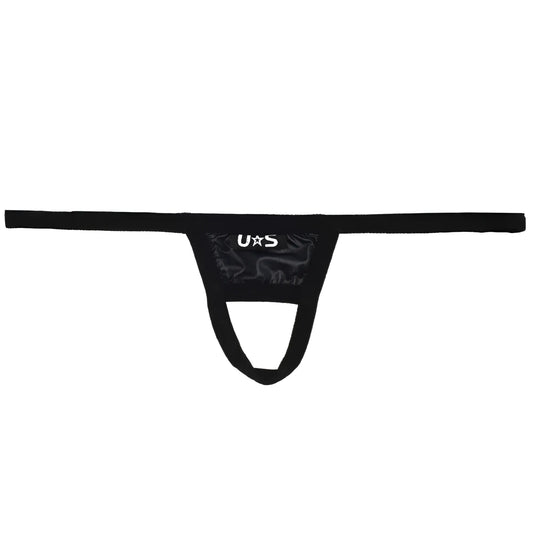 Black u station ball holder u0011-001 glossy stretchy fabric thong with central pouch design