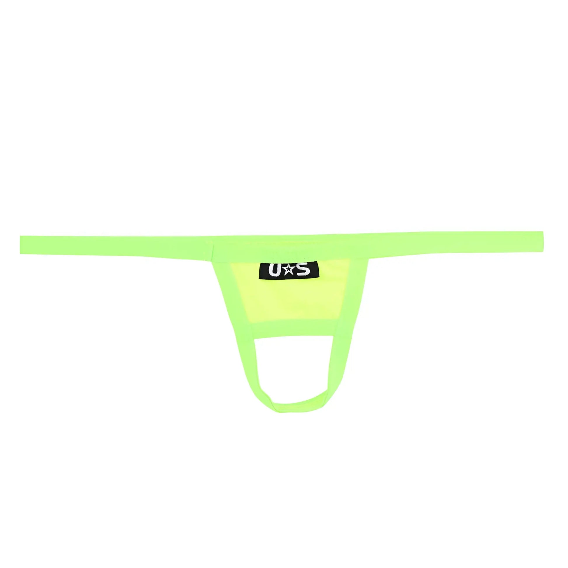 Neon green mesh thong ball holder with black u s logo patch for u station u0011-300 product front view