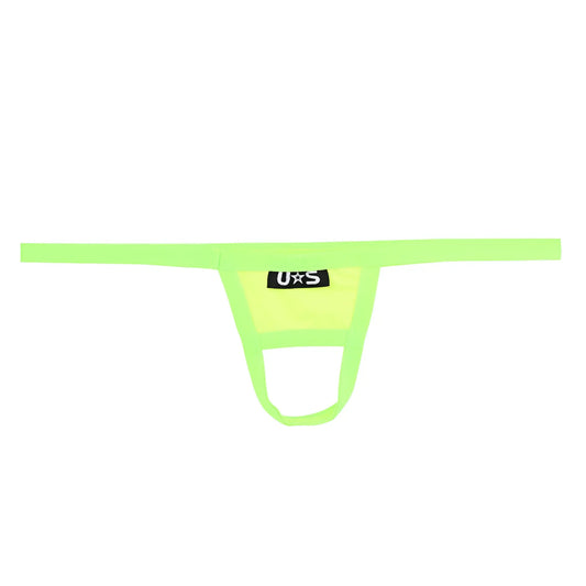 Neon green mesh thong ball holder with black u s logo patch for u station u0011-300 product front view