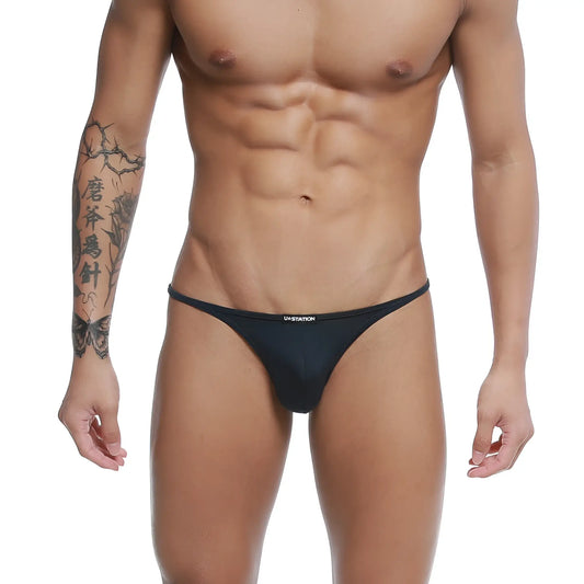 Black ustation thong with sleek form-fitting design shown from the back in the u-station me bikini black u0032-001