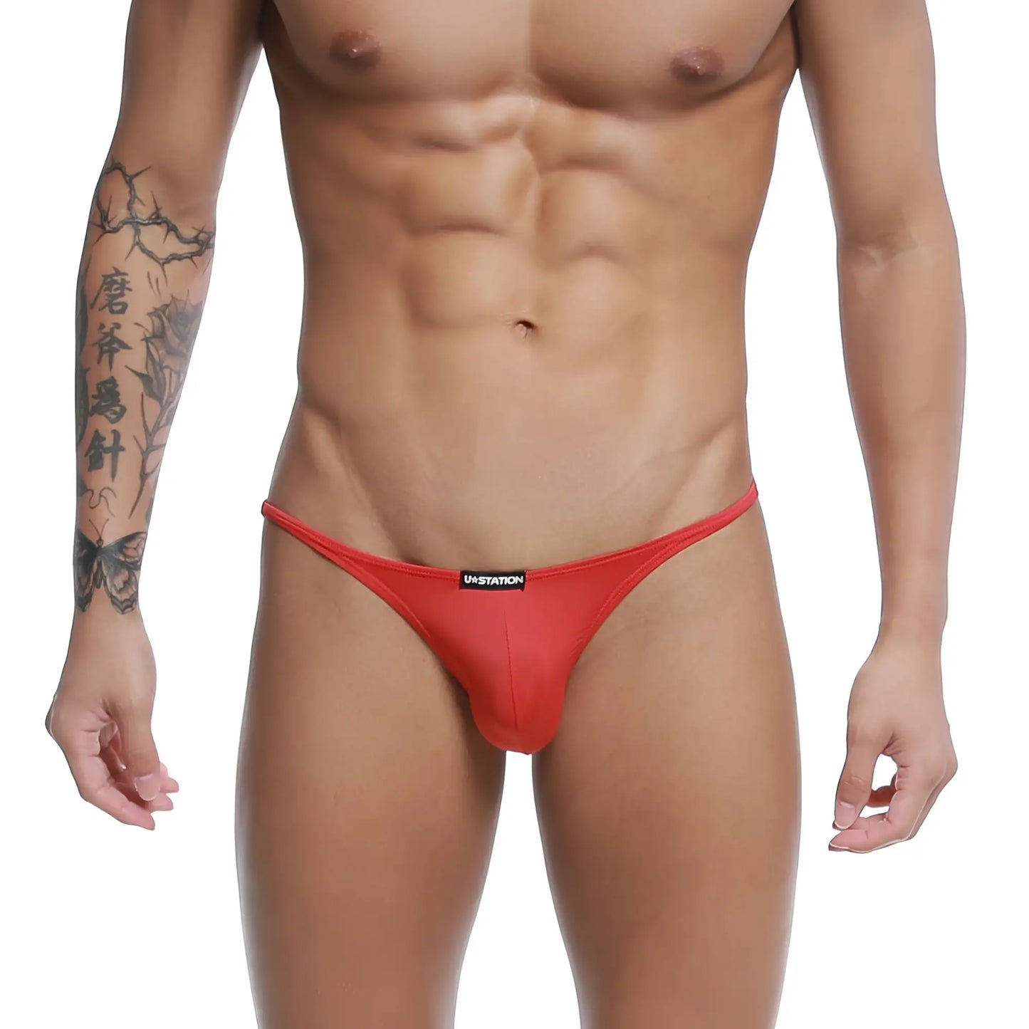 Red u-station thong bikini with a snug form-fitting design perfect for swimwear and beachwear use