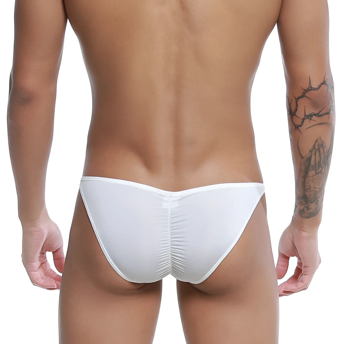 White form-fitting swim trunks with ruched back design from u-station me bikini u0032-100 collection