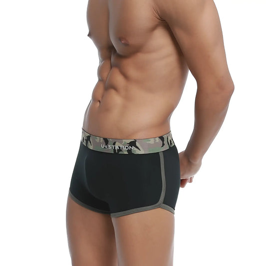 Black u.s. wearing U-Station Brazilian trunk khaki swim shorts with a sleek fit and comfortable design