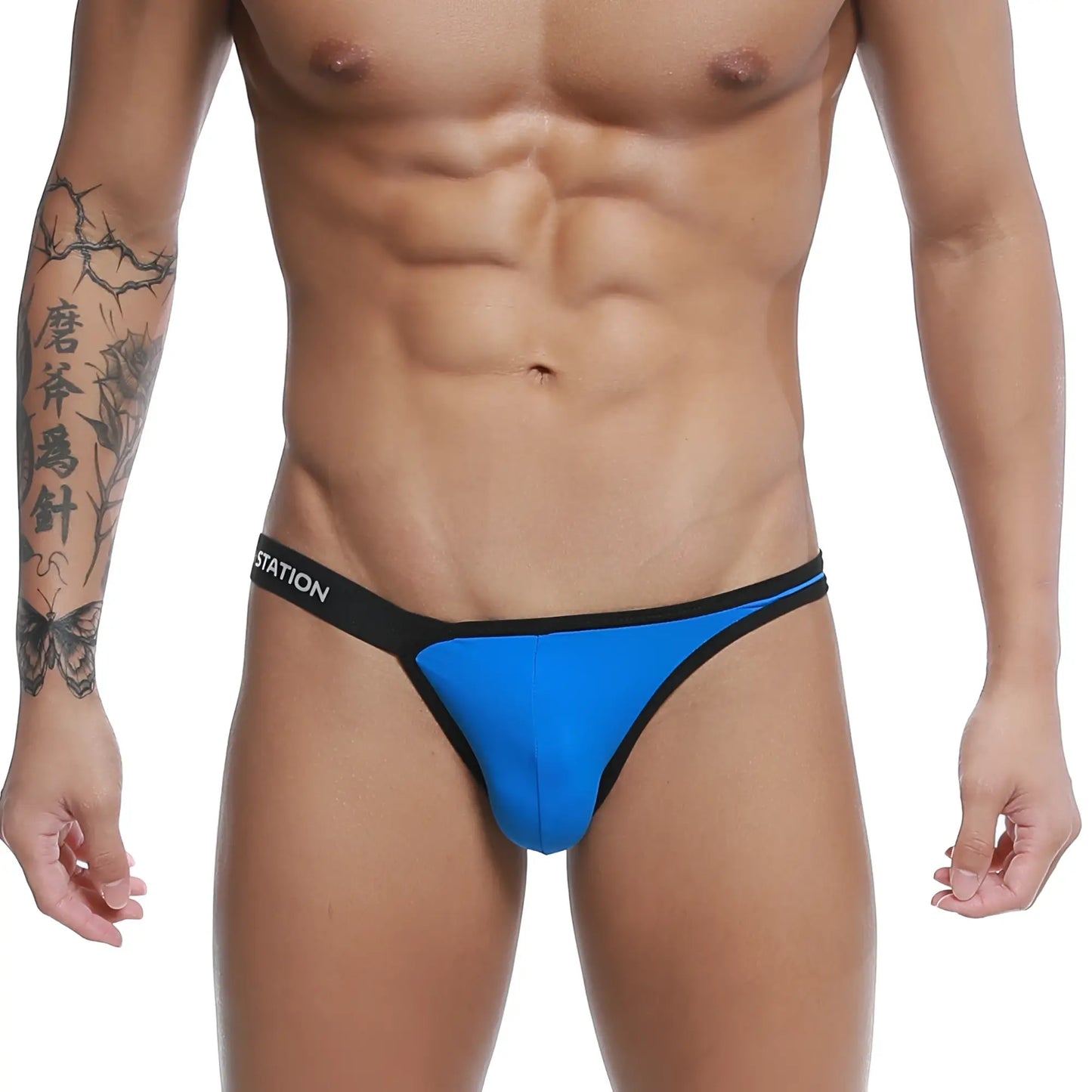 Bright blue calypso bikini thong with black trim and station logo on waistband by u-station royal u0012-432