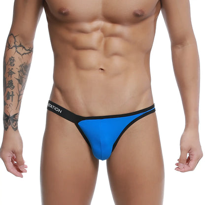 Bright blue calypso bikini thong with black trim and station logo on waistband by u-station royal u0012-432