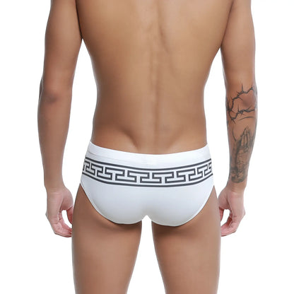 White men’s briefs u station greek bikini black u0042-111 featuring a bold black greek key pattern waistband