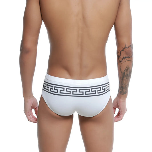 White men’s briefs u station greek bikini black u0042-111 featuring a bold black greek key pattern waistband