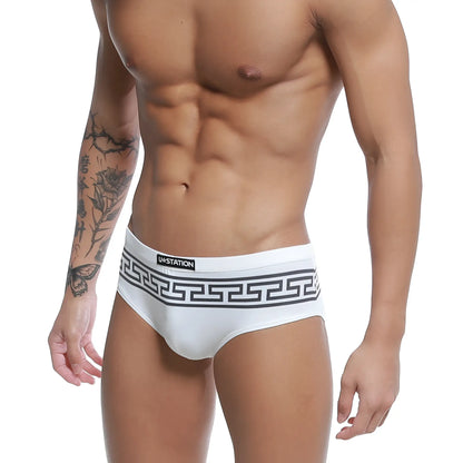 White men’s briefs with a black Greek key waistband and U-Station branding from the U0042-111 collection.