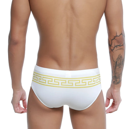 White swim trunks u-station greek bikini gold u0042-110 with bold yellow greek key pattern on waistband