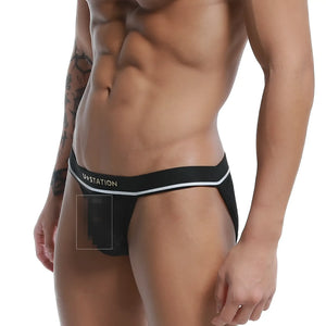 Black lace briefs with white trim and u-station branding on the waistband in the u-station lace bikini black u0092-001 design