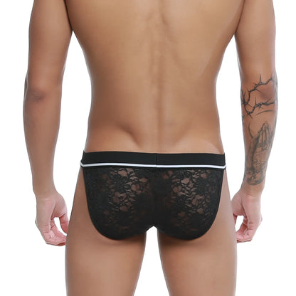 Black lace briefs u-station lace bikini black u0092-001 with white trim along the waistband