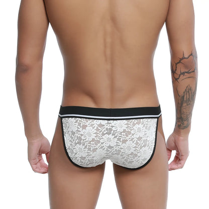 White lace bikini briefs with black trim and subtle floral pattern from U-Station U0092-100 collection