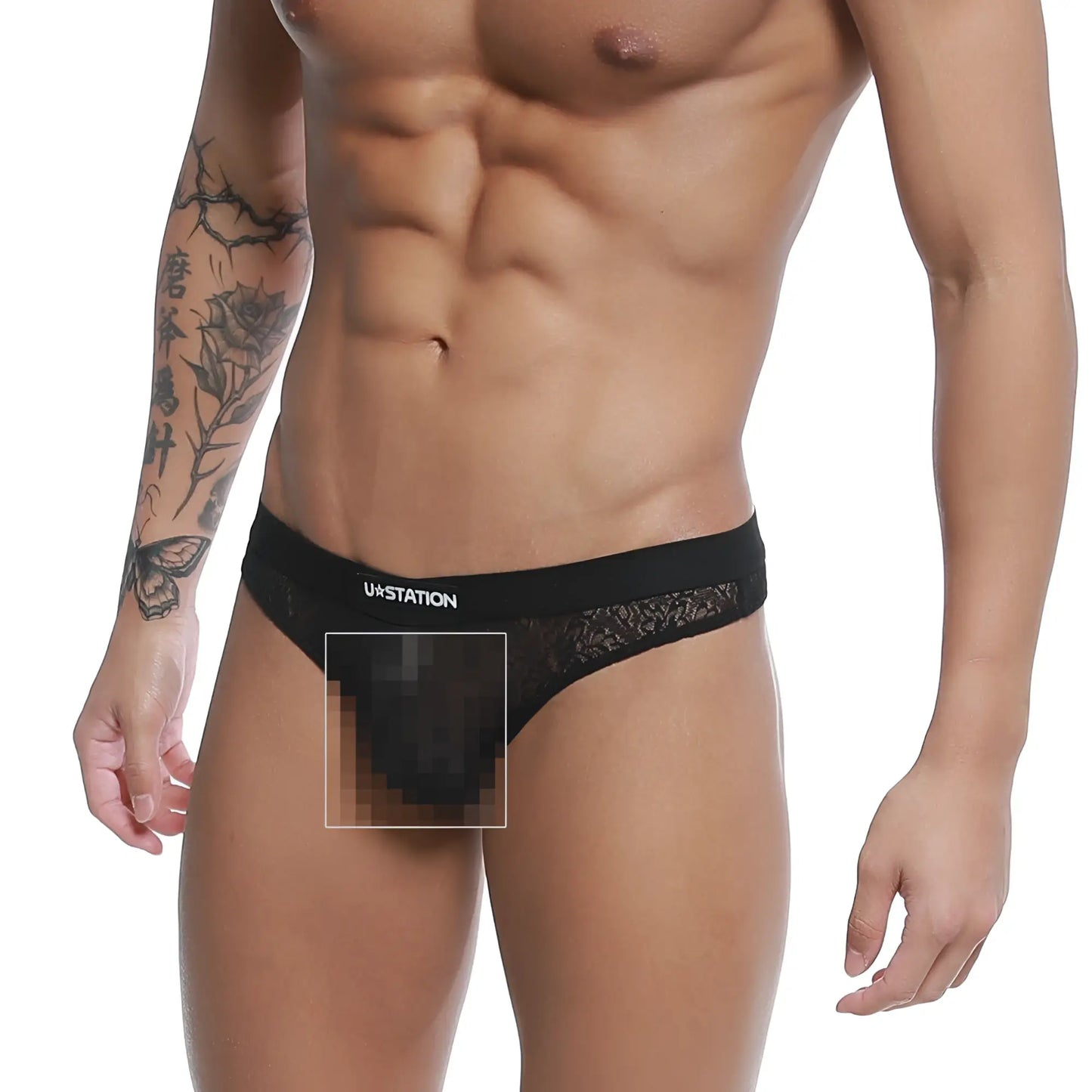 Black lace-trimmed u-station love thong briefs with branded waistband in black showing front side details