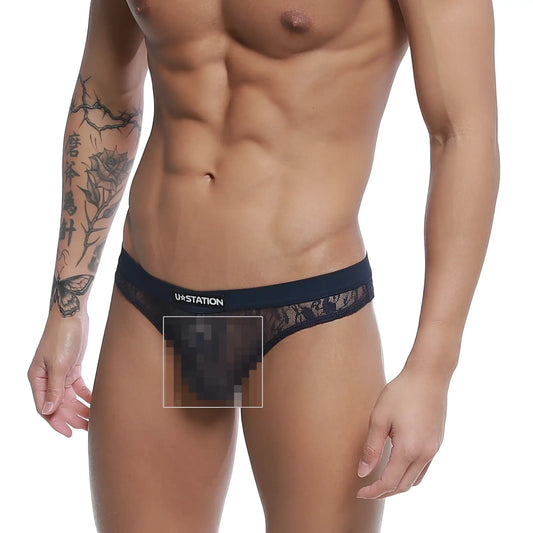 Black lace thong with branded waistband in blue u-station love thong u0404-199 shown from the back side