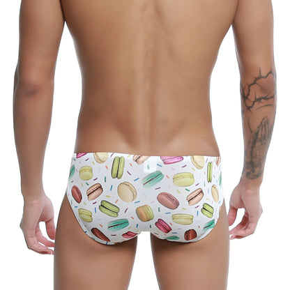 White swim trunks u-station macaron bikini featuring playful colorful macaron and sprinkle pattern