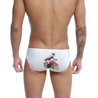 White swim trunks featuring a red motorcycle and pin-up girl graphic from the u-station rider bikini u0022-110 collection