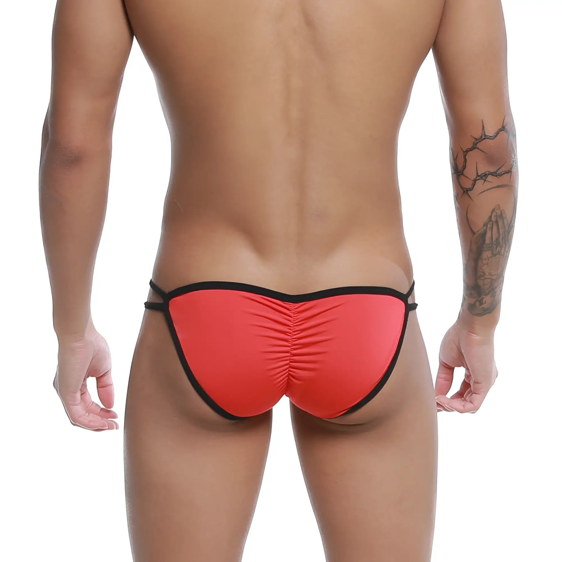 Back view of u-station skeleton bikini red u0062-600 thong with ruched back and elastic waistband in red and black