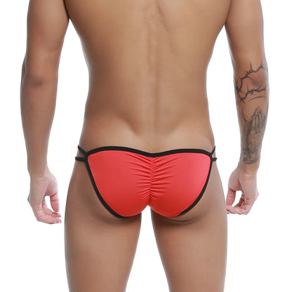 Back view of u-station skeleton bikini red u0062-600 thong with ruched back and elastic waistband in red and black