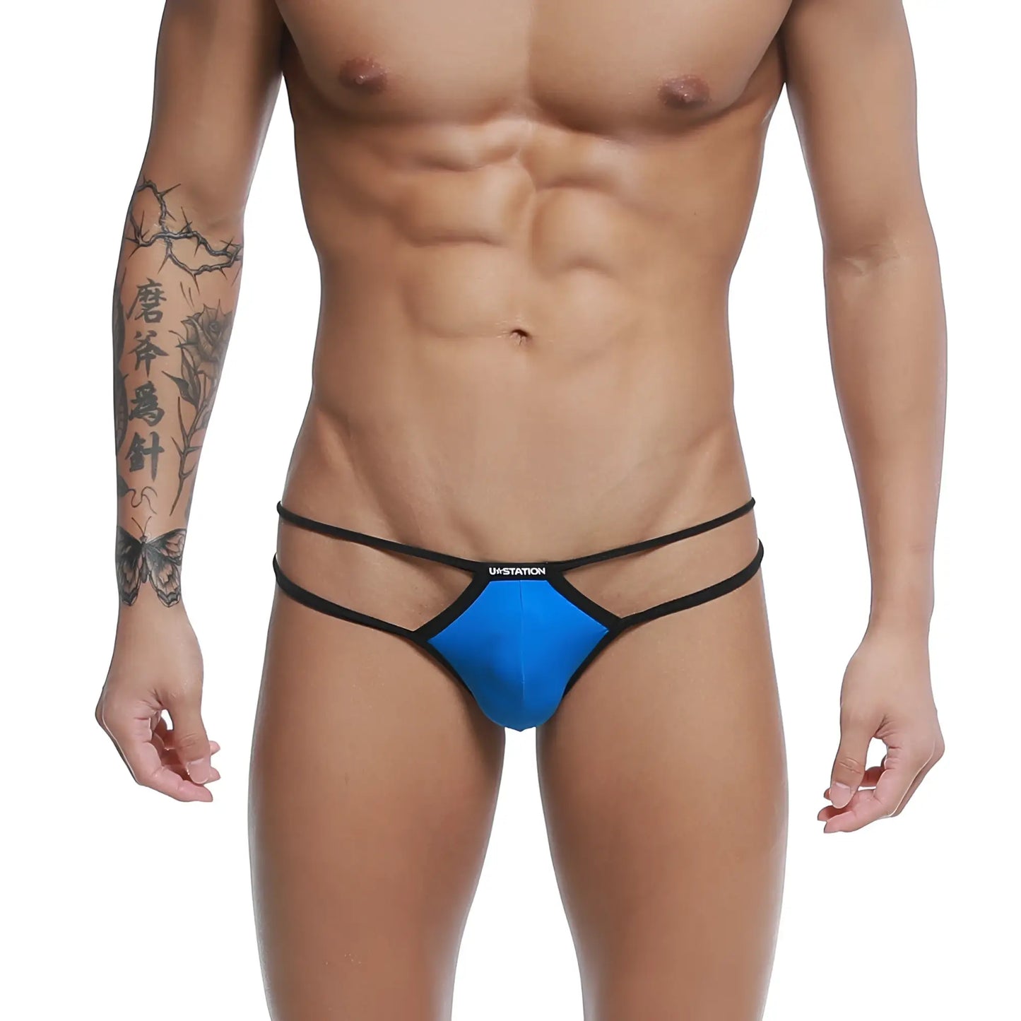 Men’s vibrant blue thong with black trim and U-Station embroidery in a sleek modern skeleton bikini design.