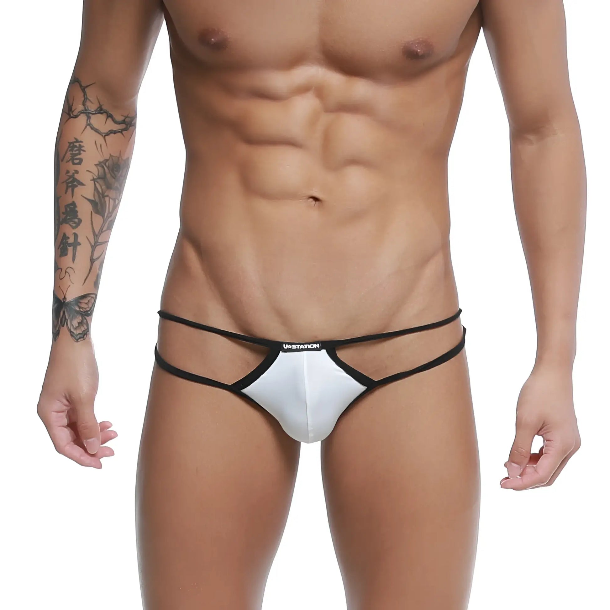 White and black ustation skeleton bikini with sleek minimalist thong design for swimwear use front view