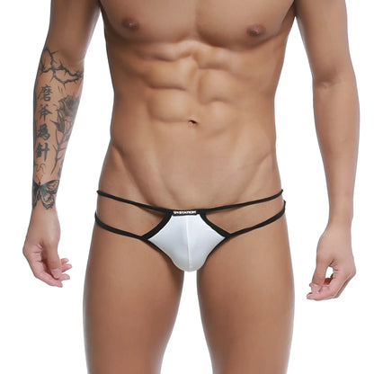 White and black ustation skeleton bikini with sleek minimalist thong design for swimwear use front view
