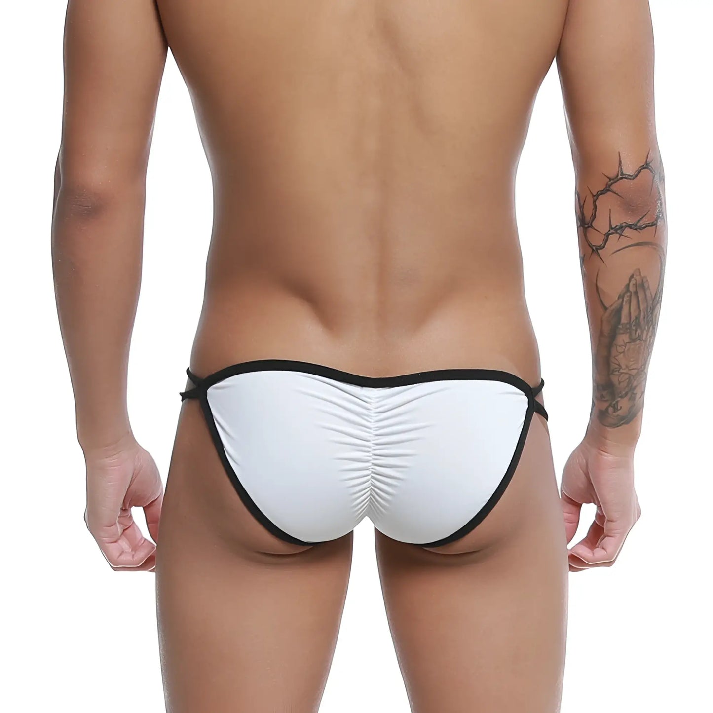White swim trunks with black trim and ruched back design shown from the back in U Station Skeleton Bikini white U0062-100