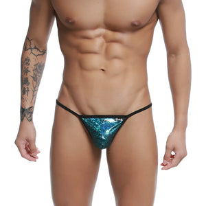 Shiny teal sequined u-station string thong with black trim and shiny material in blue peacock color front view