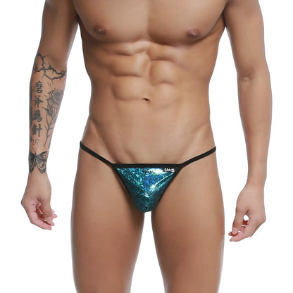 Shiny teal sequined u-station string thong with black trim and shiny material in blue peacock color front view