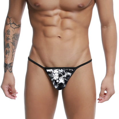 Black and white camouflage pattern u-station string thong with black waistband and urs brand logo front view