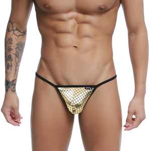 Gold mesh thong with black trim u-station string thong gold check u0304-996 showing front side details