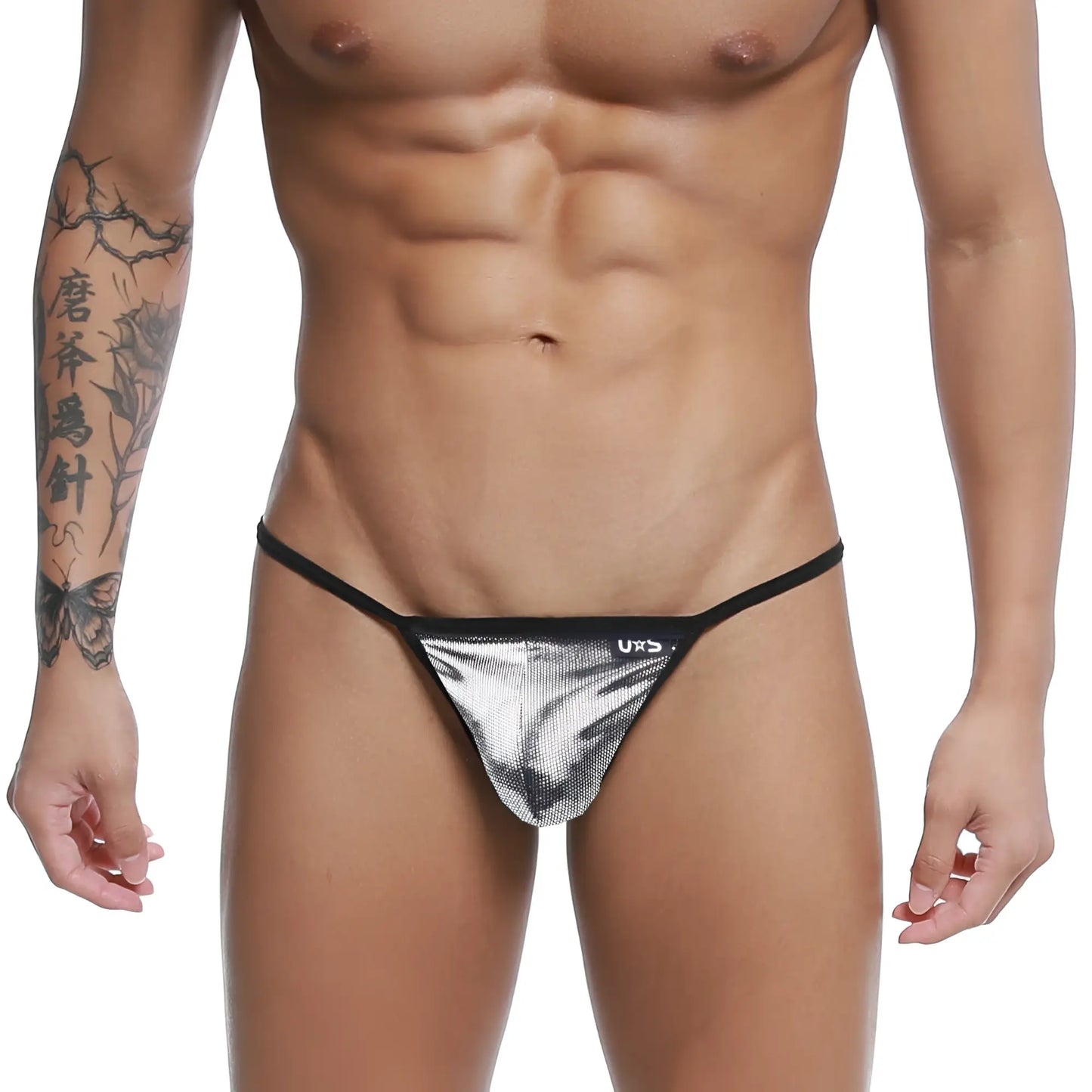 Silver metallic mesh string thong with black trim and small uxs logo on waistband u station silver armed u0304-993
