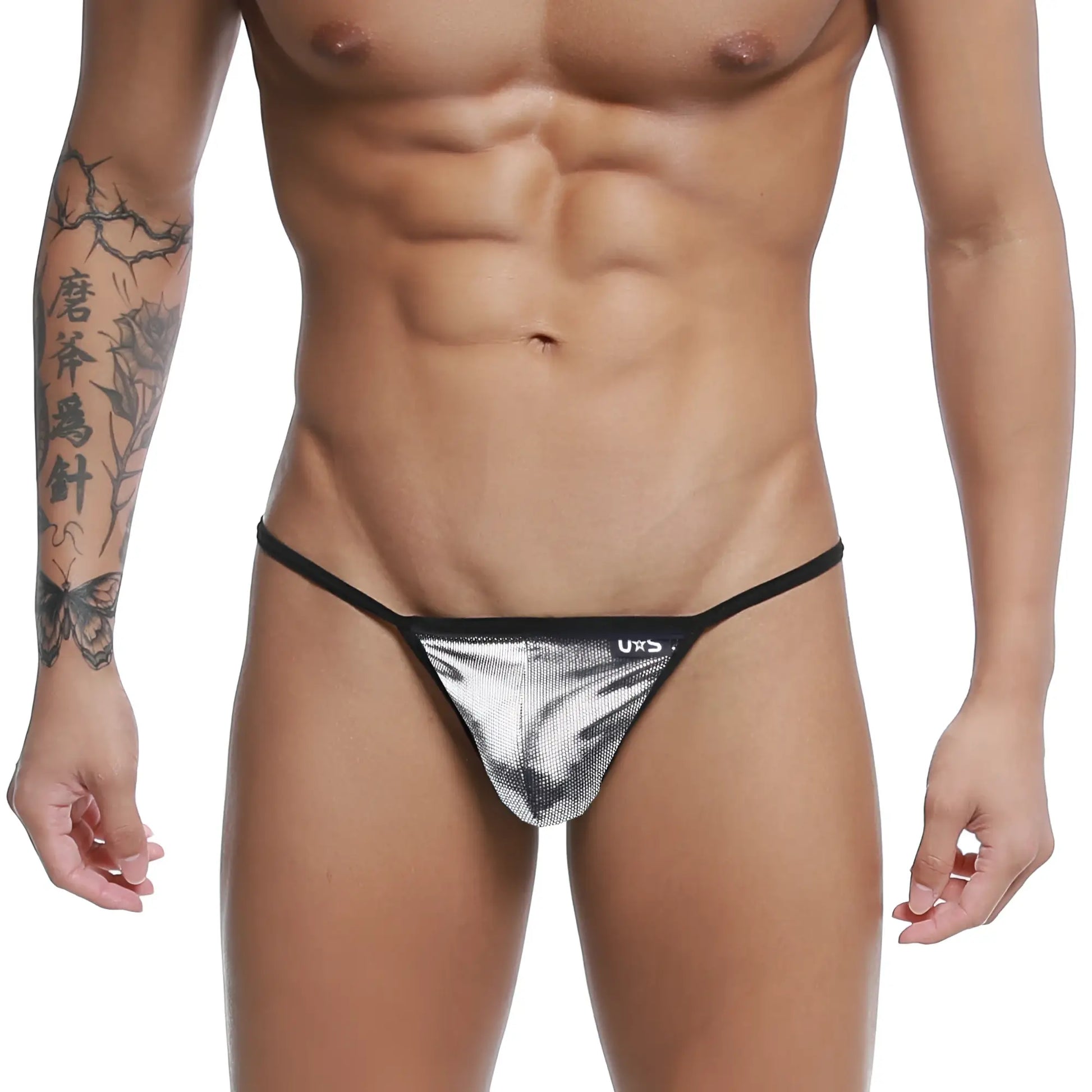 Silver metallic mesh string thong with black trim and small uxs logo on waistband u station silver armed u0304-993