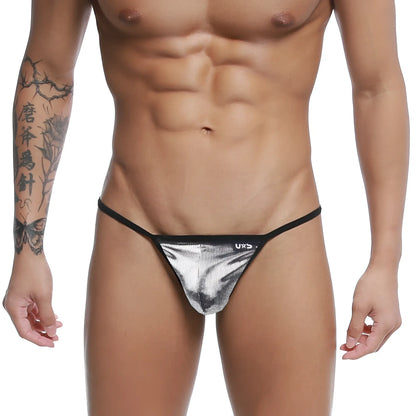 Silver metallic mesh string thong with black trim and small uxs logo on waistband u station silver armed u0304-993